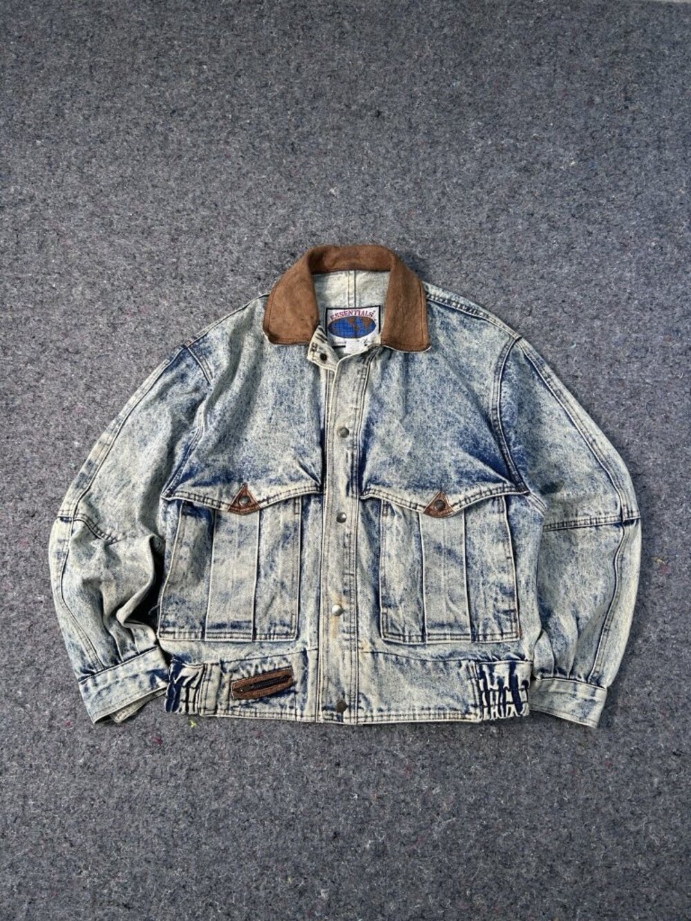 Essentials International Choice Vintage Acid Wash Denim  & Leather Jacket Size S